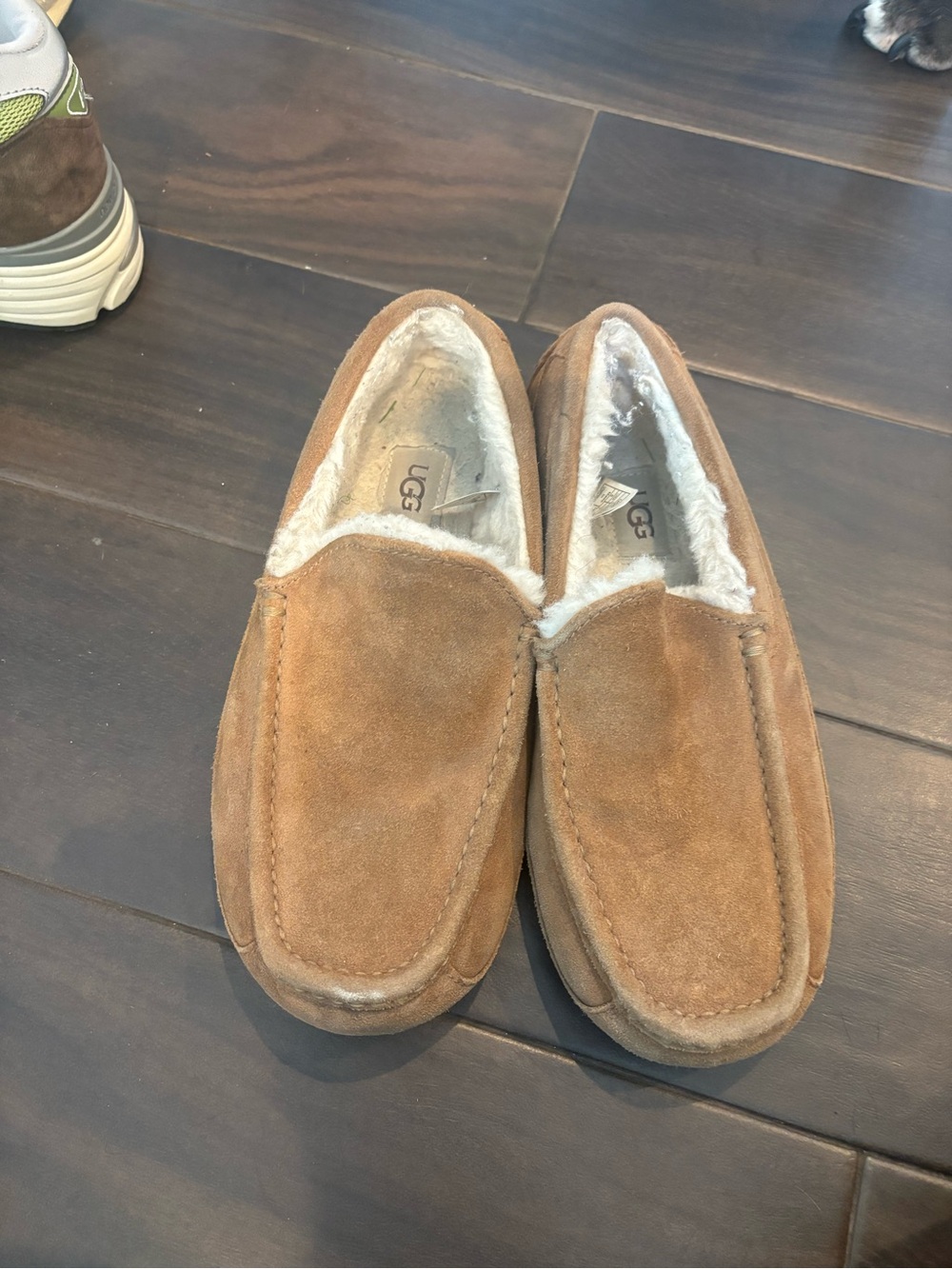 UGG Men's Chestnut Brown Suede Slip-On Moccasins with Shearling